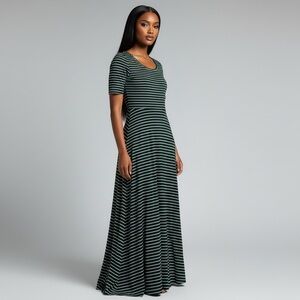 LulaRoe Ana Dark green striped short sleeve stretch knit pull over maxi dress